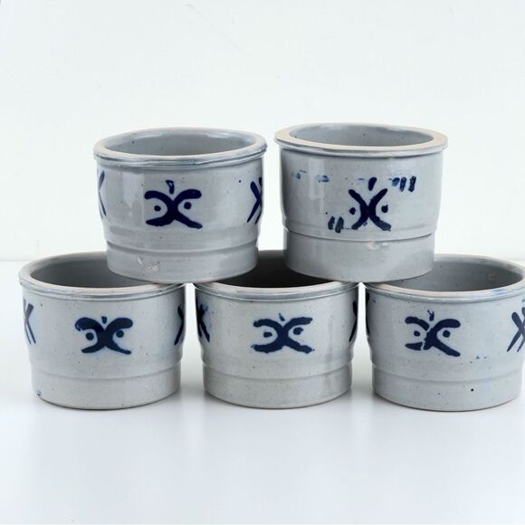 Salt Glaze Pottery Dish Boho Blue Glaze Handmade Vintage Ceramic Bowl Set Of 5 - Picture 2 of 7